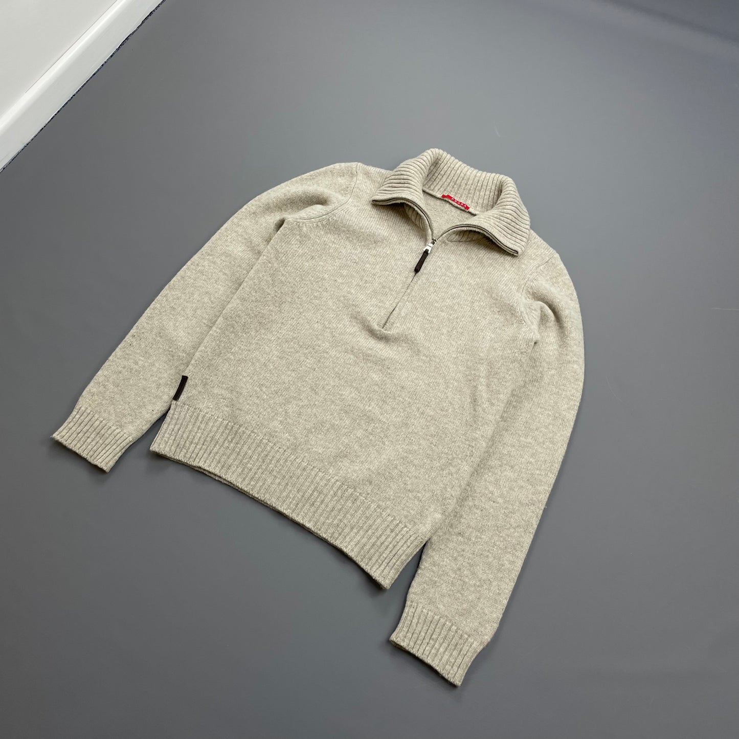 Prada Sport Grey 2007 Suede-Leather Patch Half-Zip Wool Knit Jumper