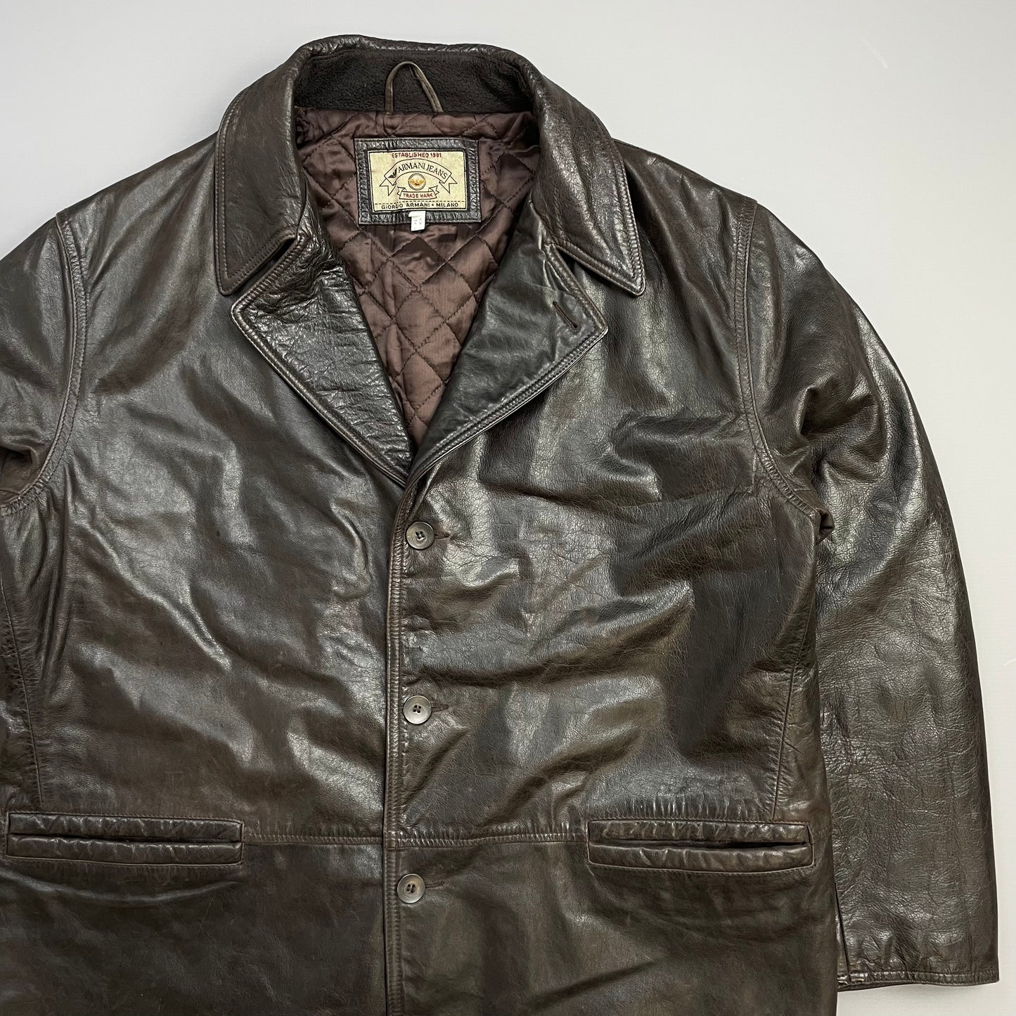Armani Jeans Brown 90s Leather Overcoat
