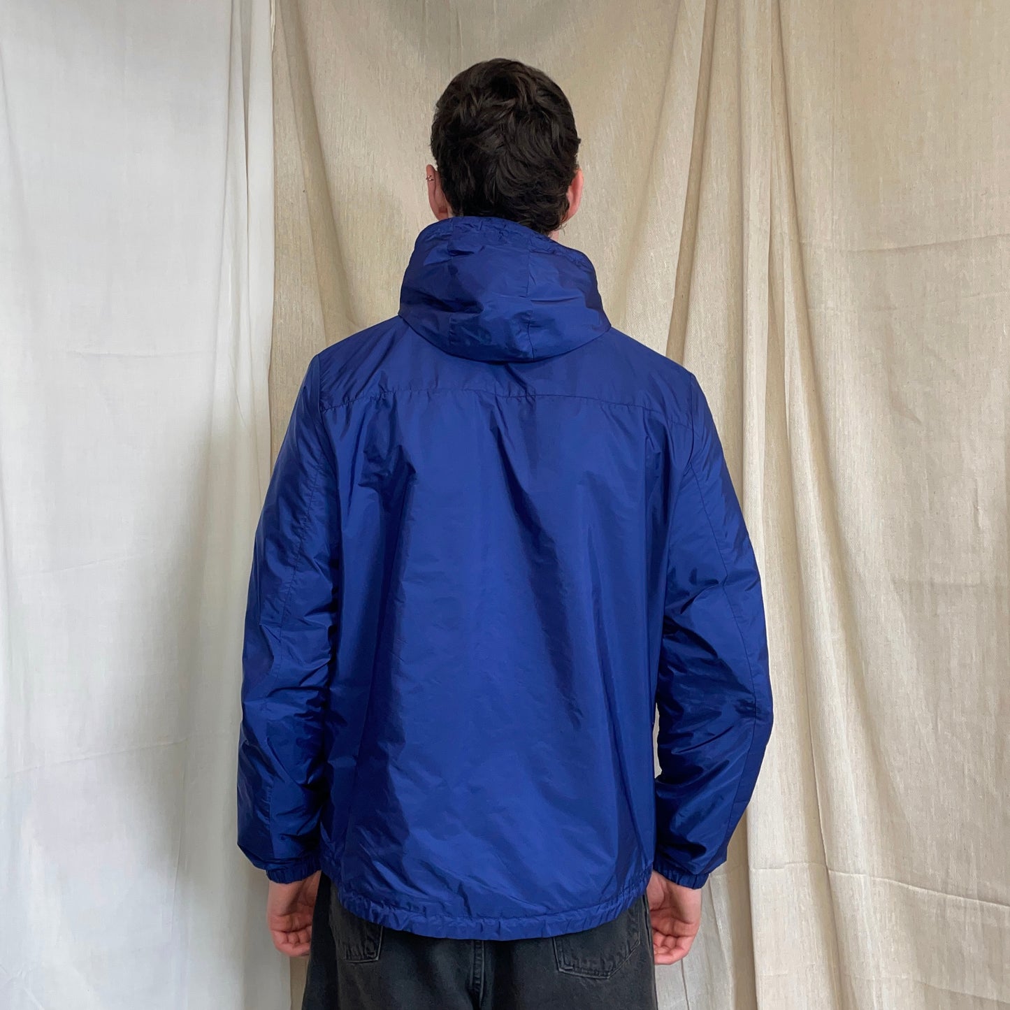 Prada Sport 2014 Navy & Iridescent Blue Reversible Resin-Coated Nylon Hooded Windbreaker Jacket