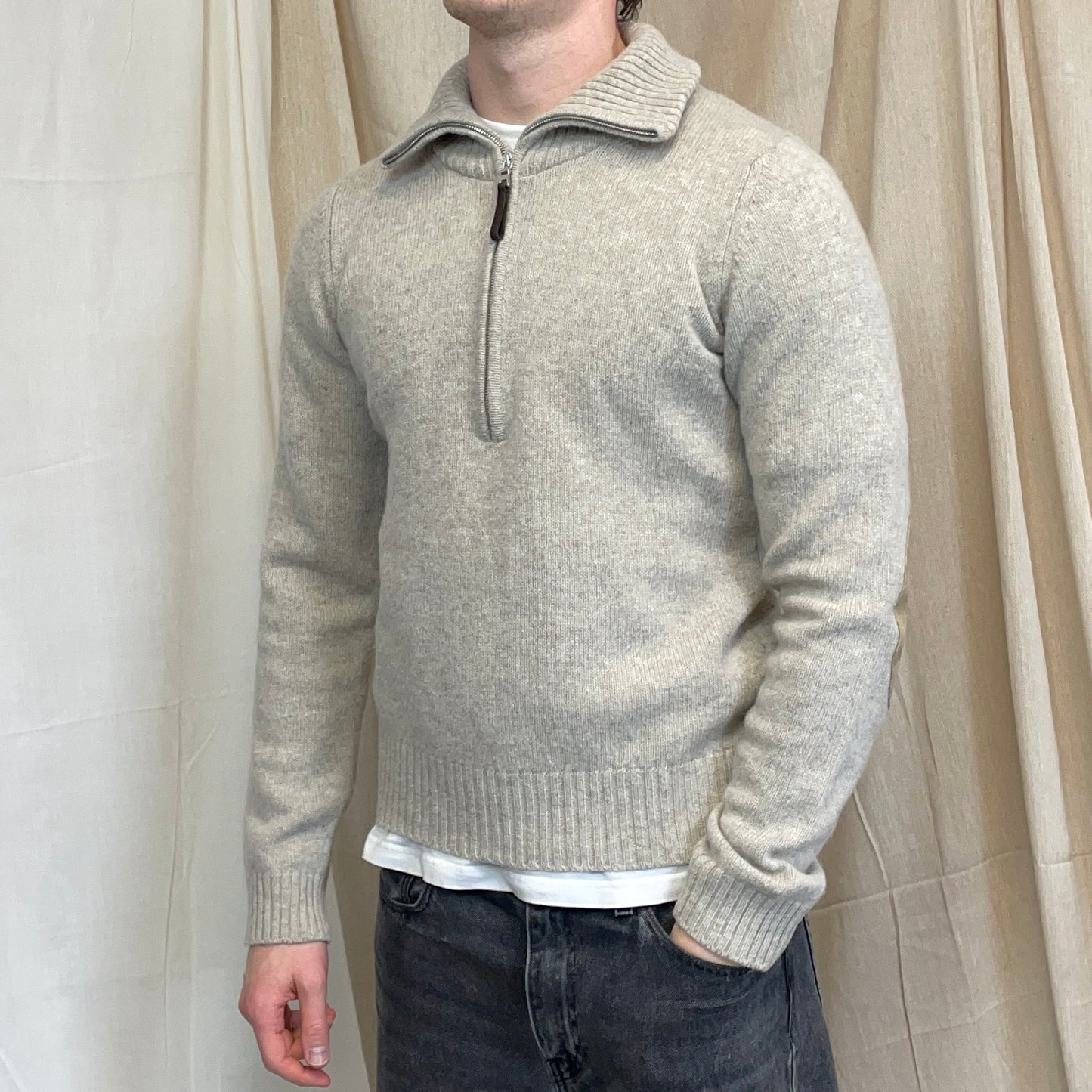 Prada Sport Grey 2007 Suede-Leather Patch Half-Zip Wool Knit Jumper