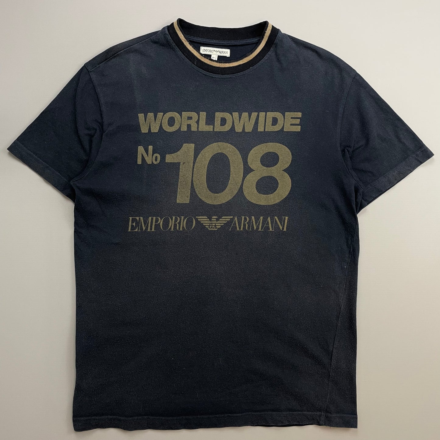 Emporio Armani Navy 1990s Reflective Print 'Worldwide' Tee