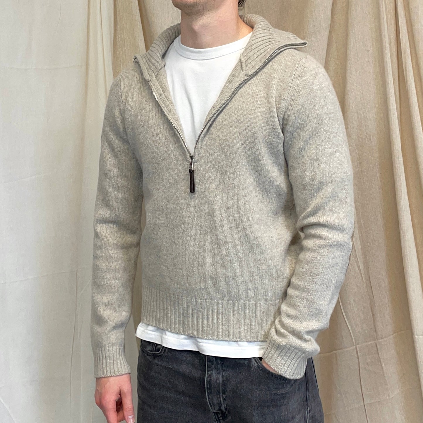 Prada Sport Grey 2007 Suede-Leather Patch Half-Zip Wool Knit Jumper