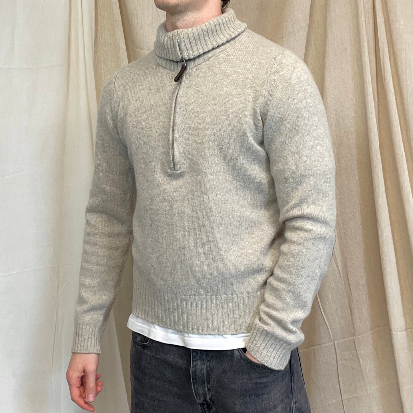 Prada Sport Grey 2007 Suede-Leather Patch Half-Zip Wool Knit Jumper