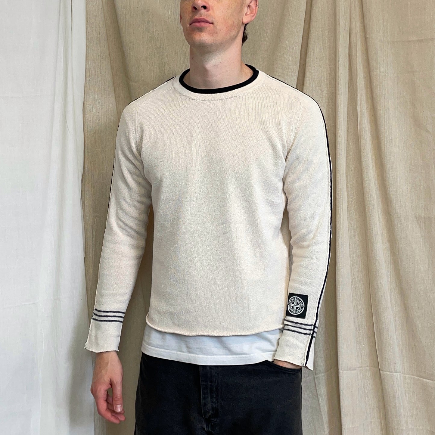 Stone Island Cream SS05 Midweight Cuff-Emblem Knit Jumper