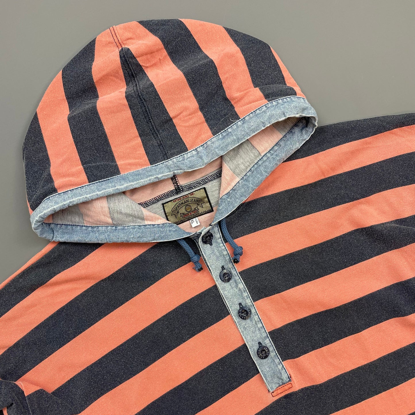Armani Jeans Peach & Stone Grey 90s Canvas Cotton Hooded 'Stone Stripes' Pullover Jumper