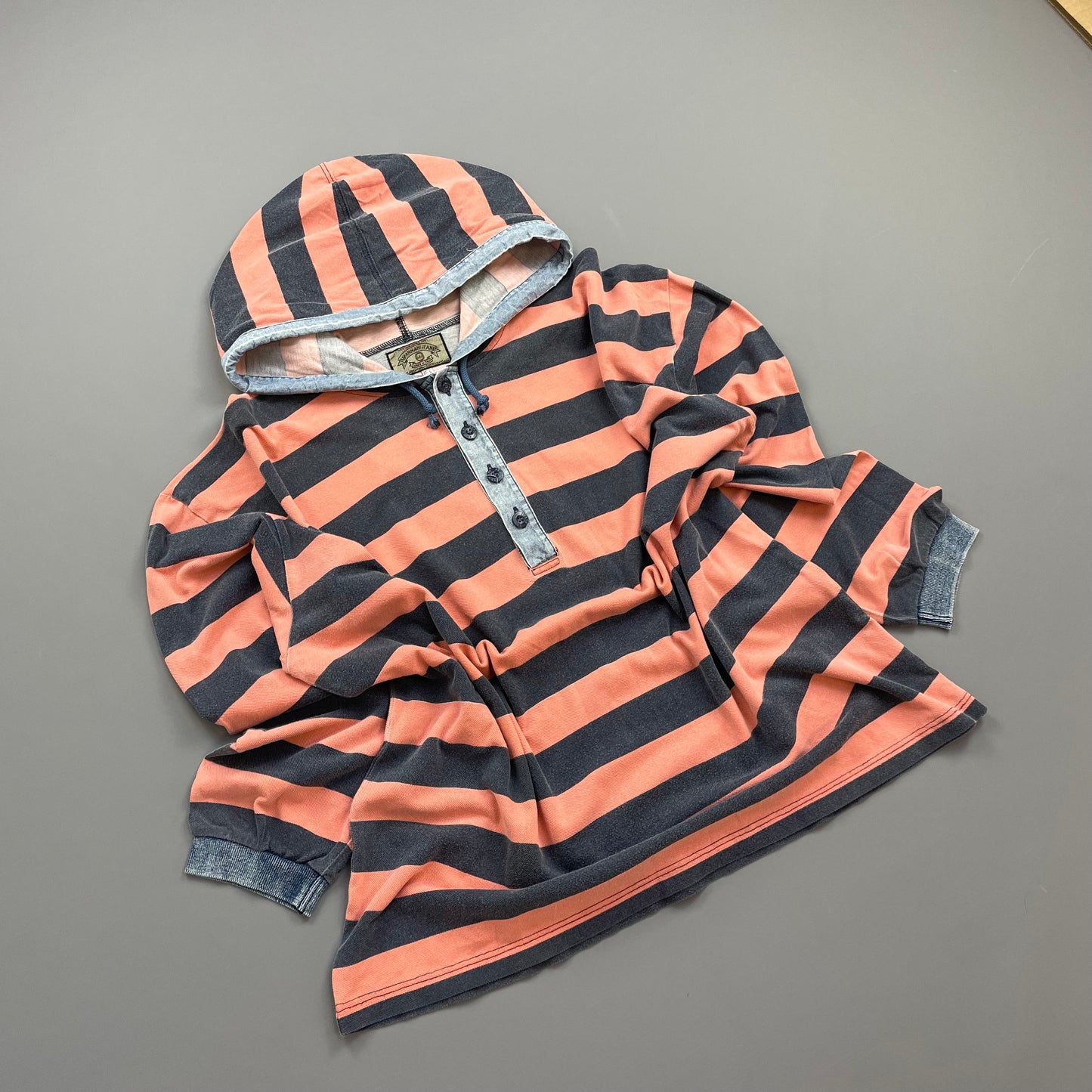 Armani Jeans Peach & Stone Grey 90s Canvas Cotton Hooded 'Stone Stripes' Pullover Jumper
