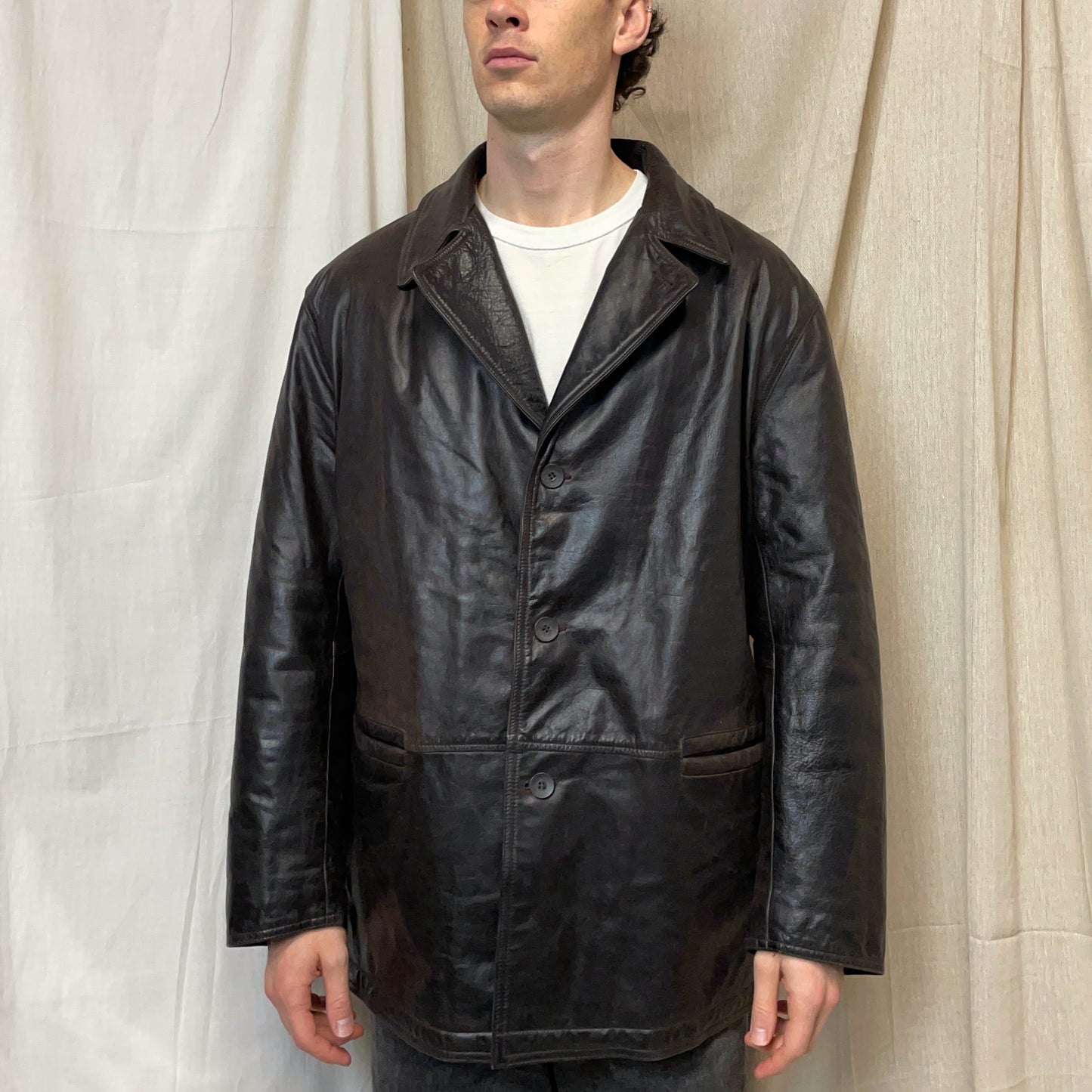 Armani Jeans Brown 90s Leather Overcoat