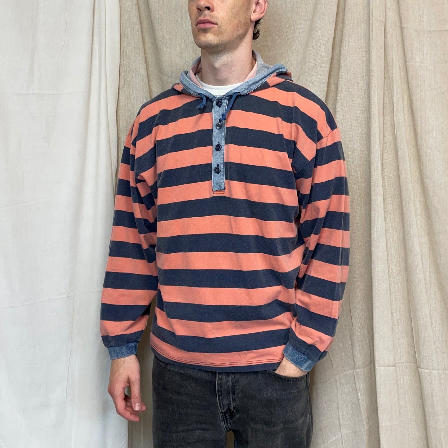 Armani Jeans Peach & Stone Grey 90s Canvas Cotton Hooded 'Stone Stripes' Pullover Jumper