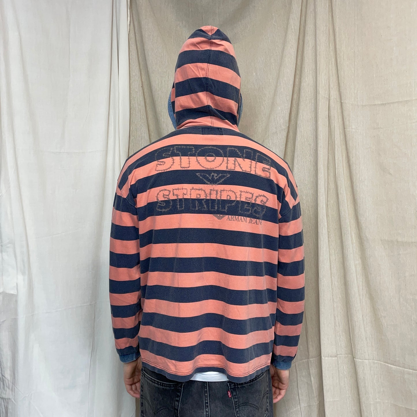 Armani Jeans Peach & Stone Grey 90s Canvas Cotton Hooded 'Stone Stripes' Pullover Jumper