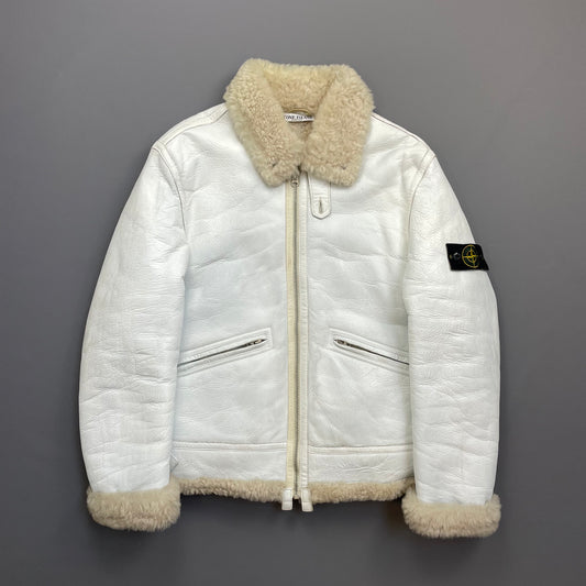 Stone Island White AW06 Shearling Sheepskin Hand-Painted Leather Archive Jacket