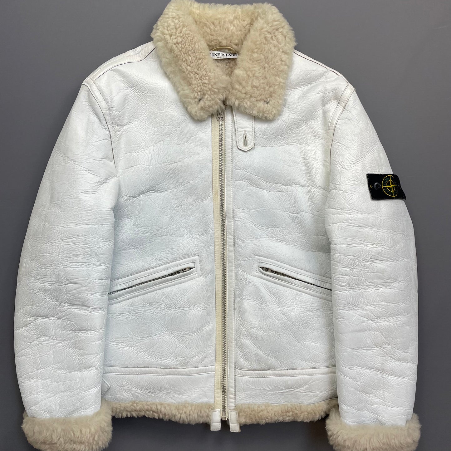Stone Island White AW06 Shearling Sheepskin Hand-Painted Leather Archive Jacket