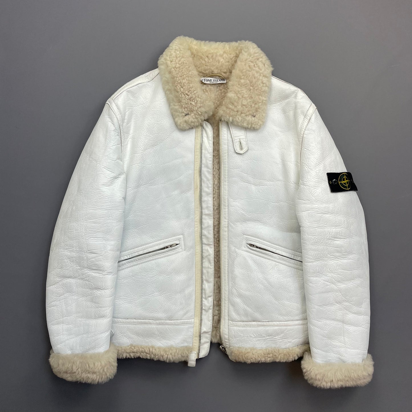 Stone Island White AW06 Shearling Sheepskin Hand-Painted Leather Archive Jacket