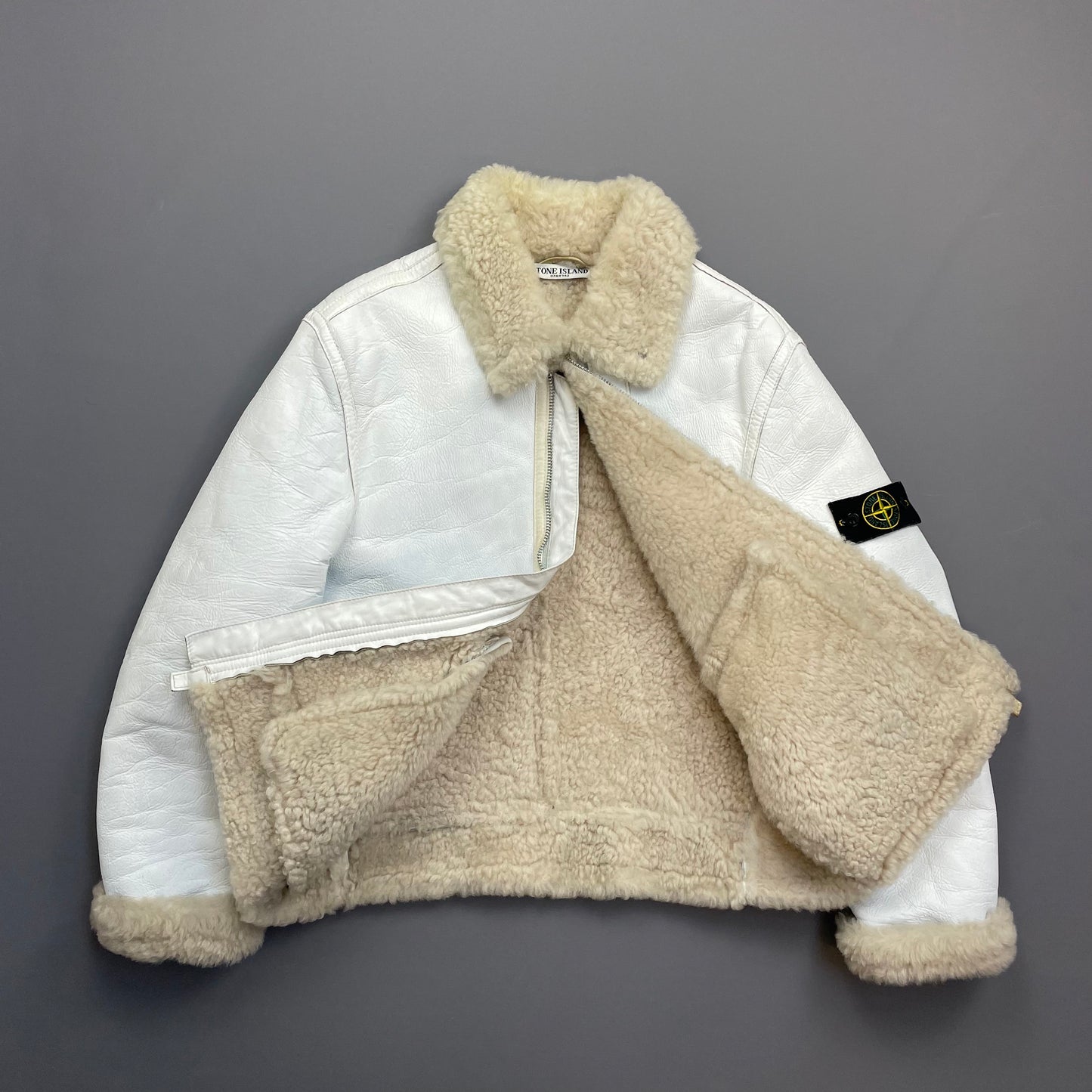 Stone Island White AW06 Shearling Sheepskin Hand-Painted Leather Archive Jacket