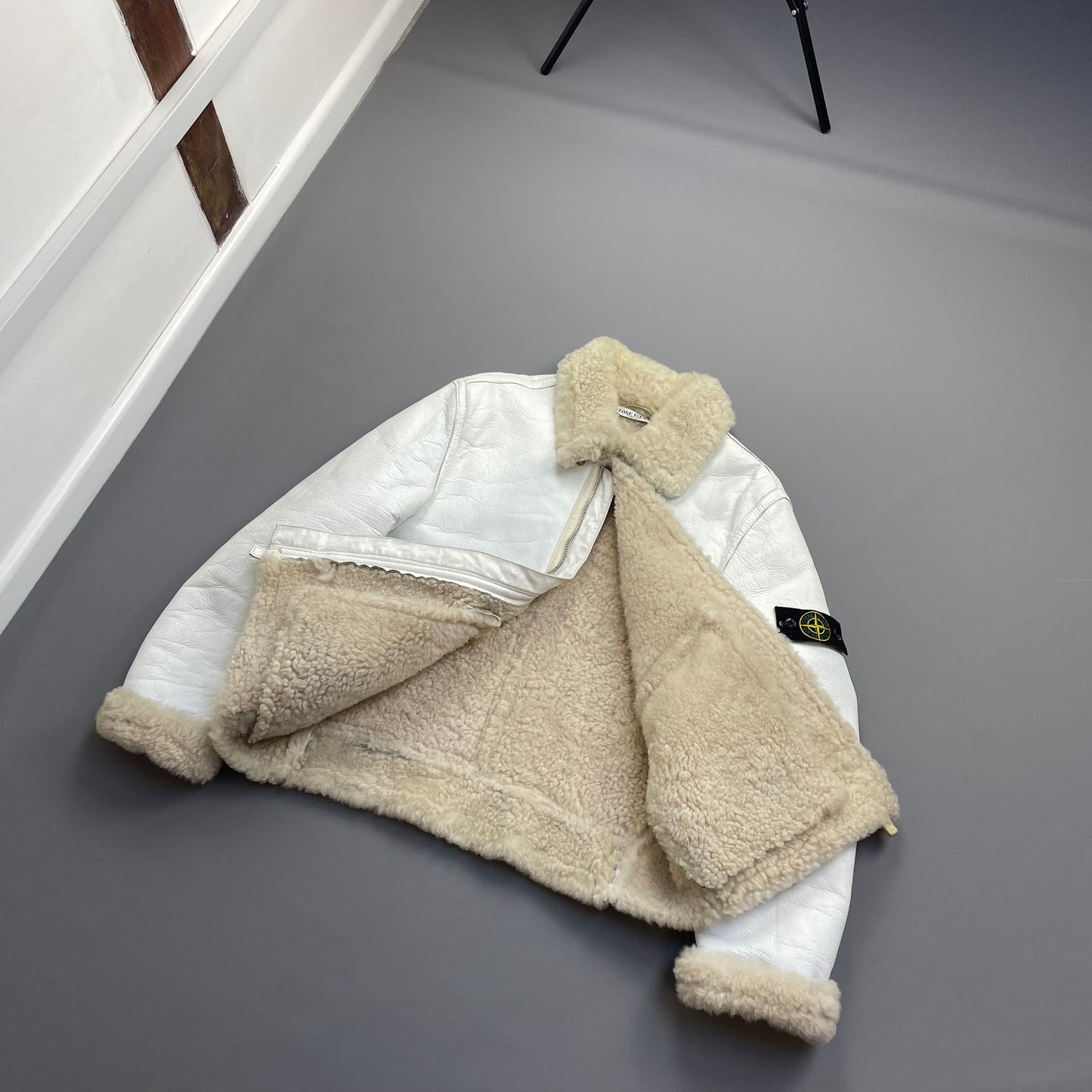 Stone Island White AW06 Shearling Sheepskin Hand-Painted Leather Archive Jacket