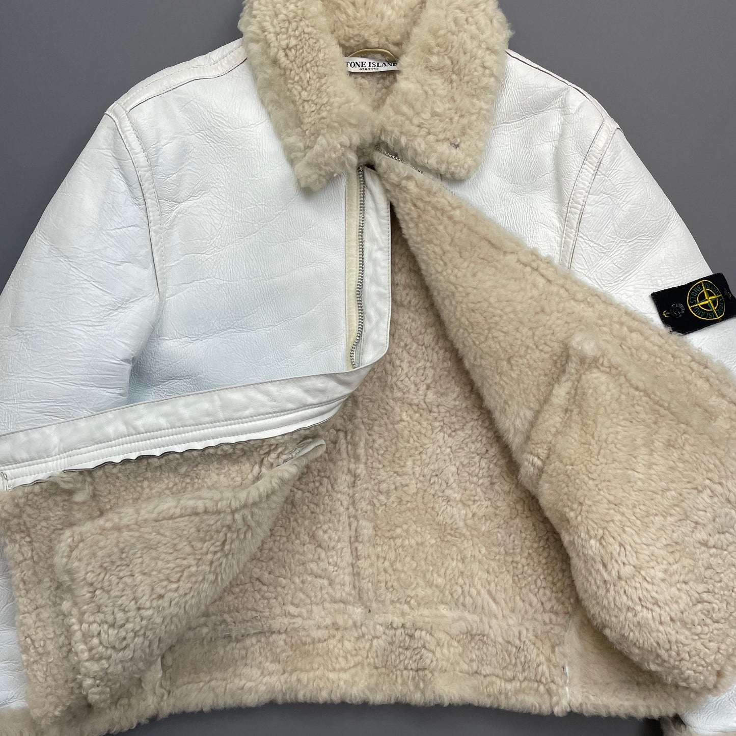 Stone Island White AW06 Shearling Sheepskin Hand-Painted Leather Archive Jacket