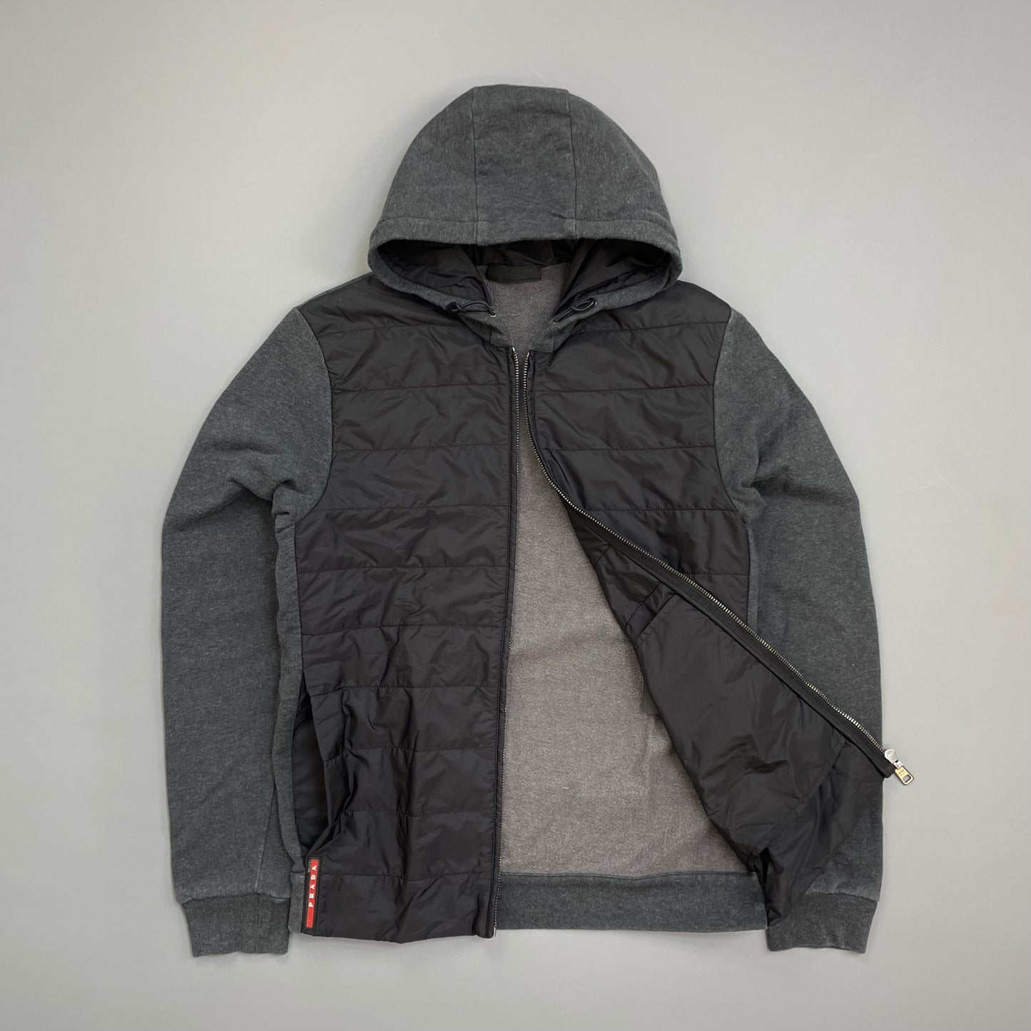 Prada Sport Grey 2016 Nylon Padded Hybrid Hooded Jacket