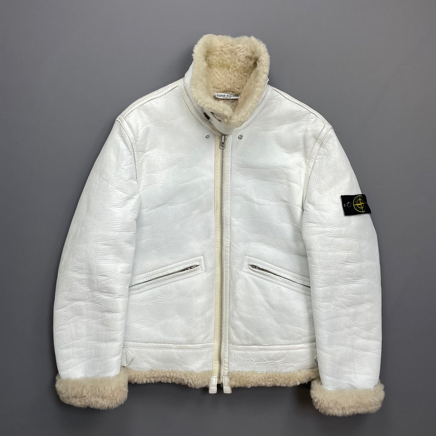 Stone Island White AW06 Shearling Sheepskin Hand-Painted Leather Archive Jacket