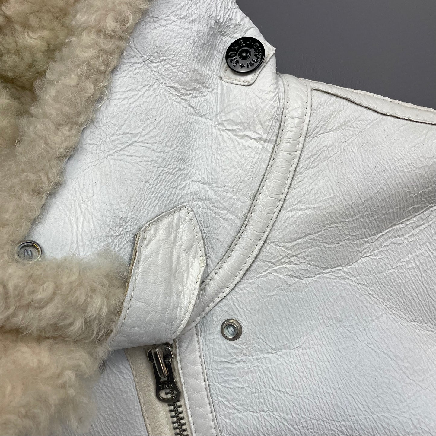 Stone Island White AW06 Shearling Sheepskin Hand-Painted Leather Archive Jacket