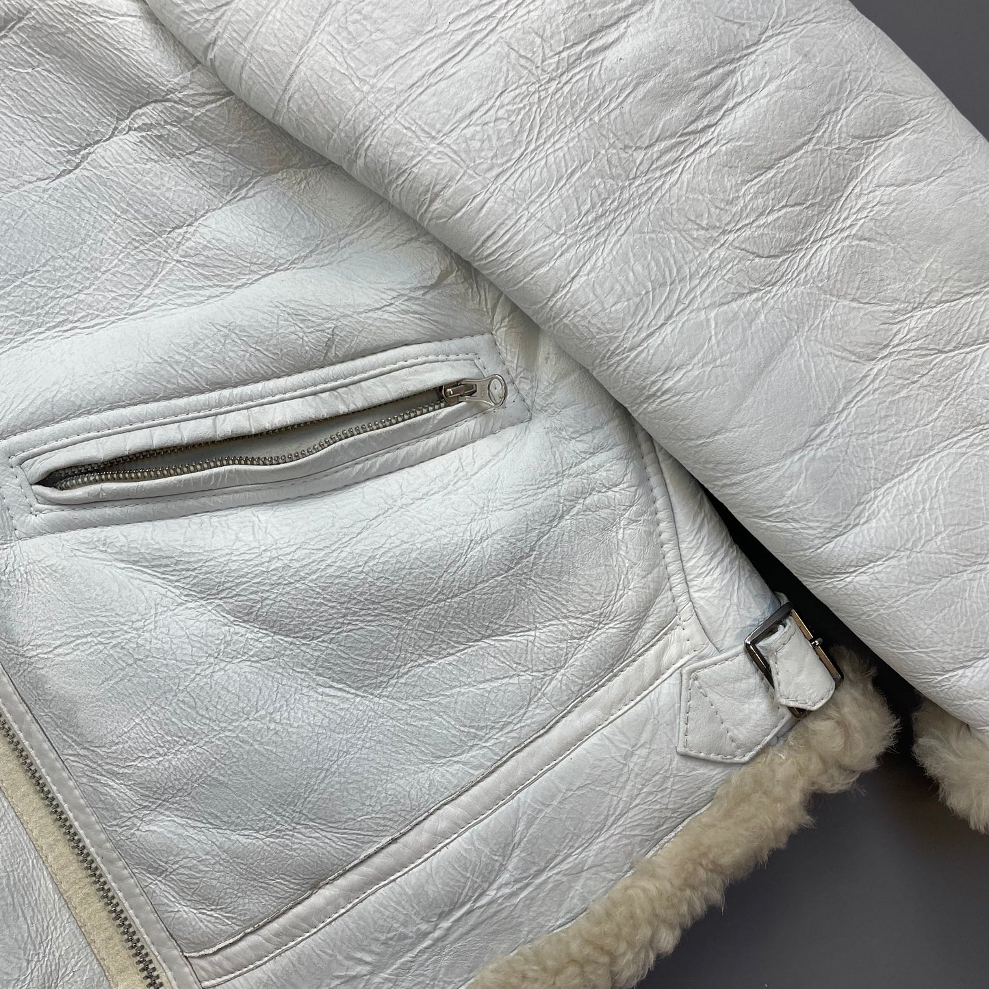 Stone Island White AW06 Shearling Sheepskin Hand-Painted Leather Archive Jacket