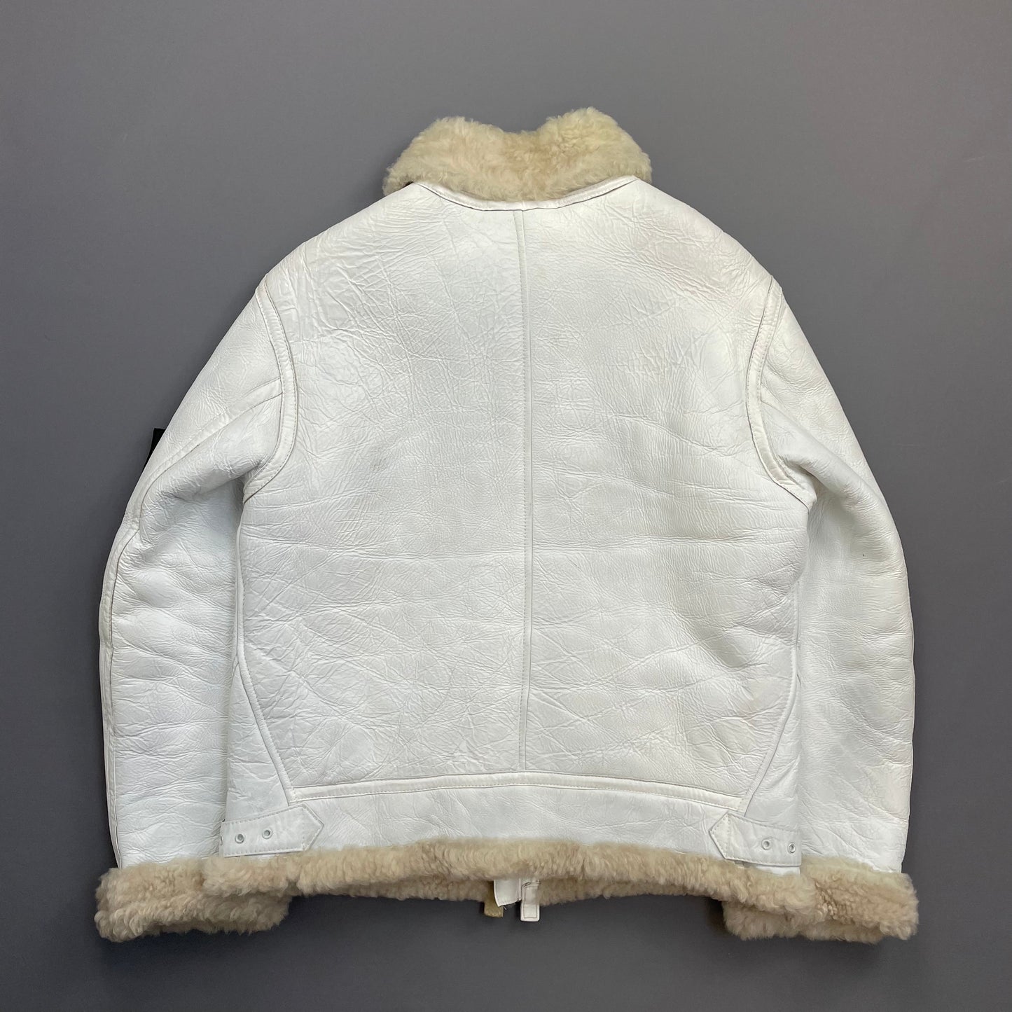 Stone Island White AW06 Shearling Sheepskin Hand-Painted Leather Archive Jacket
