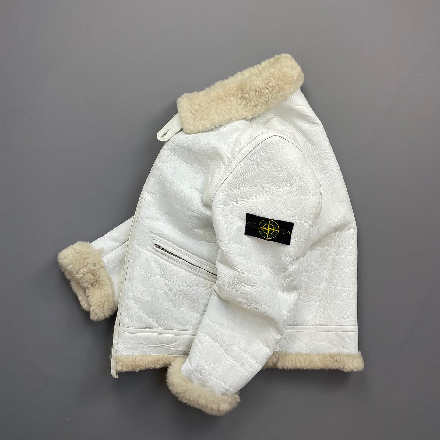Stone Island White AW06 Shearling Sheepskin Hand-Painted Leather Archive Jacket