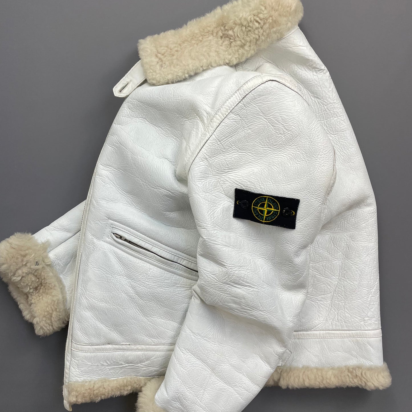 Stone Island White AW06 Shearling Sheepskin Hand-Painted Leather Archive Jacket