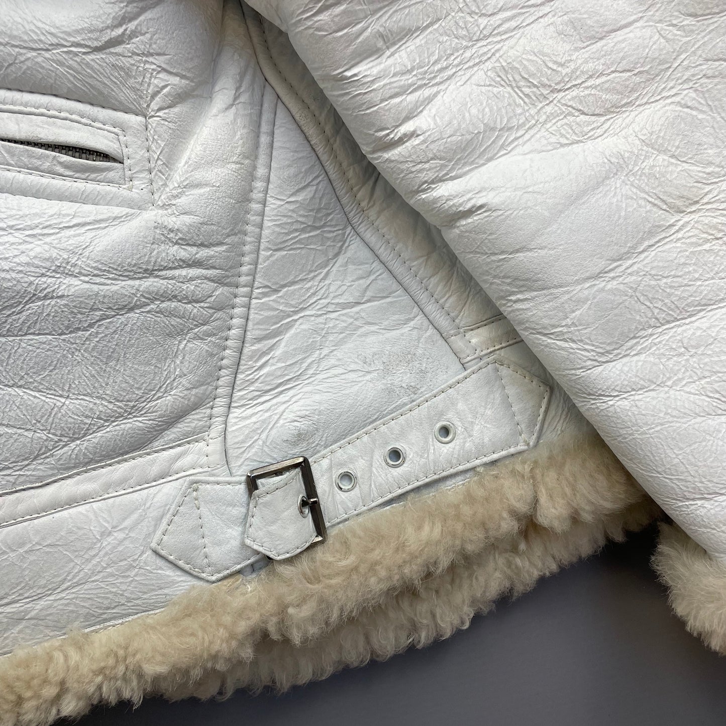 Stone Island White AW06 Shearling Sheepskin Hand-Painted Leather Archive Jacket
