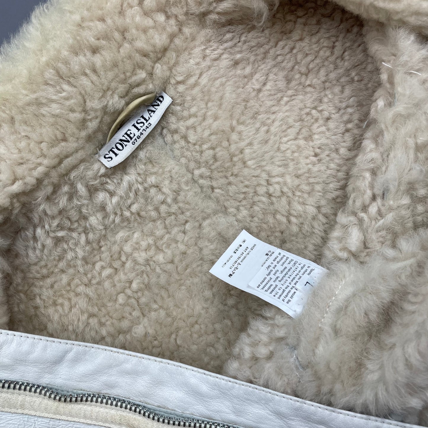 Stone Island White AW06 Shearling Sheepskin Hand-Painted Leather Archive Jacket