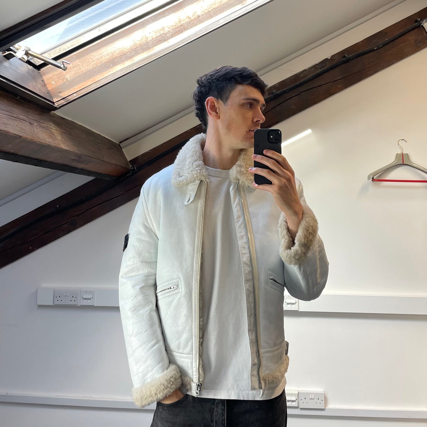 Stone Island White AW06 Shearling Sheepskin Hand-Painted Leather Archive Jacket