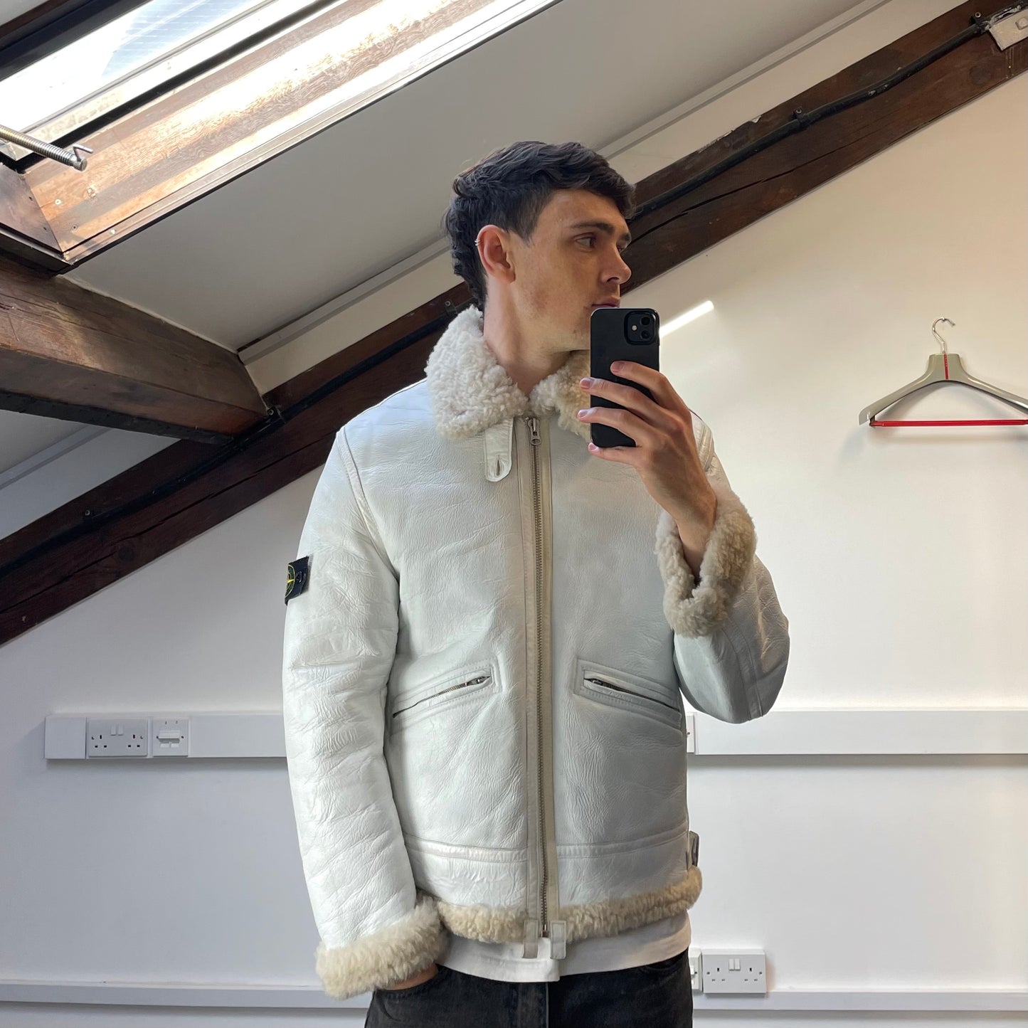 Stone Island White AW06 Shearling Sheepskin Hand-Painted Leather Archive Jacket