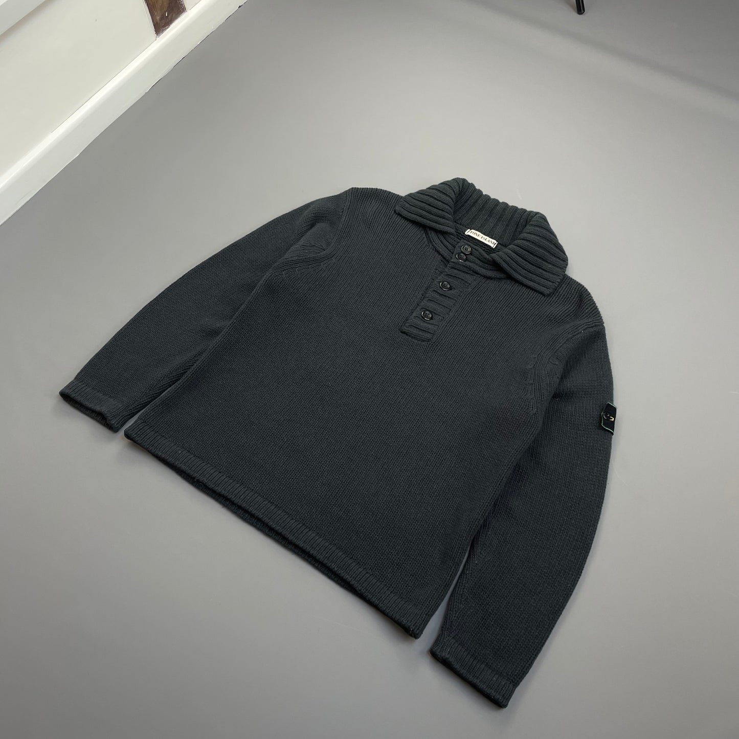 Stone Island Grey 90s Chunky Wool Knit Green Edge Badge Button-Up Jumper