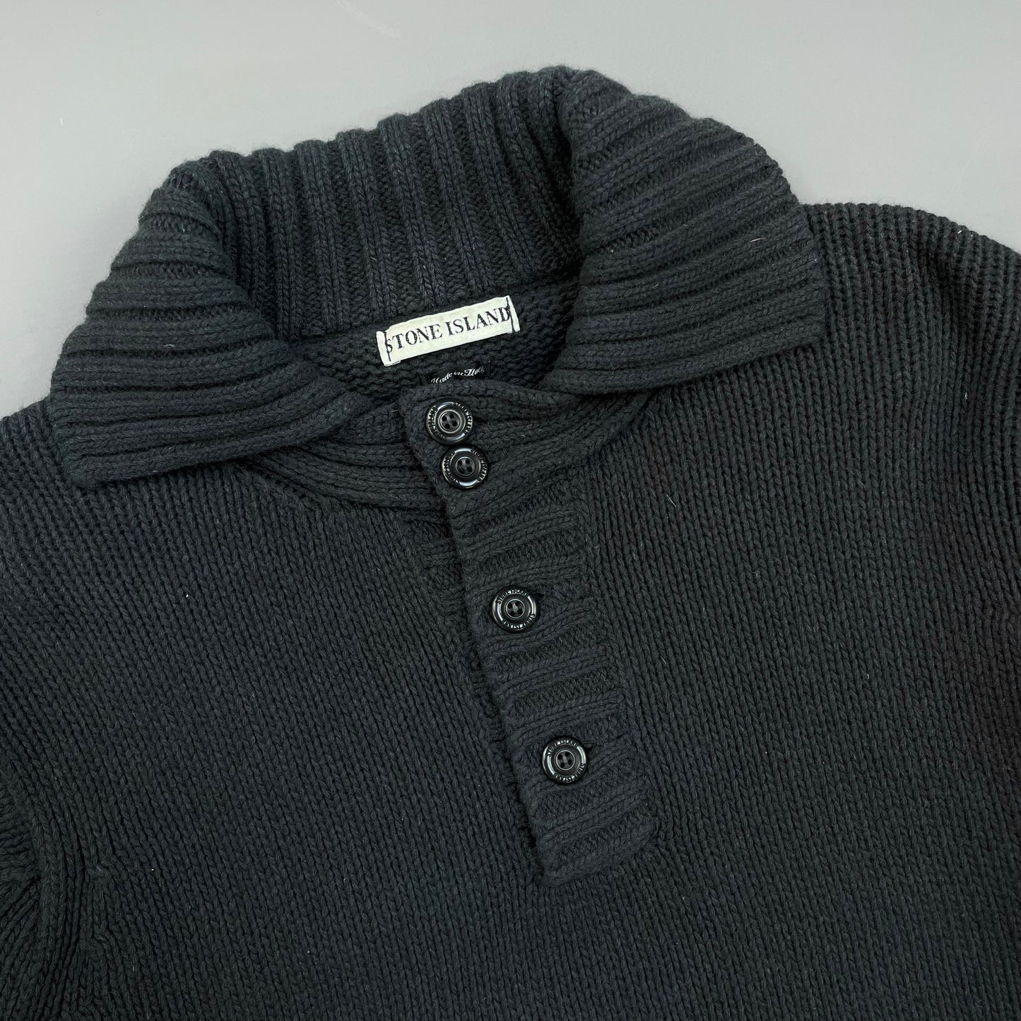 Stone Island Grey 90s Chunky Wool Knit Green Edge Badge Button-Up Jumper