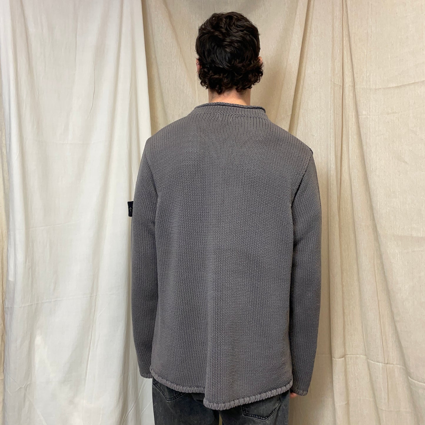 Stone Island Grey SS00 Heavyweight Raw-Edge Collar Knit Jumper