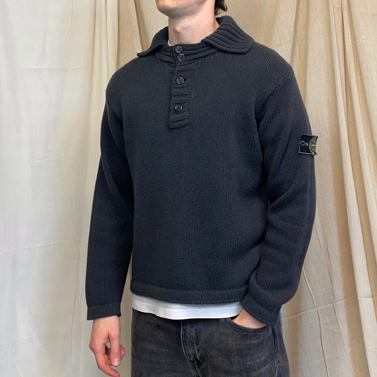 Stone Island Grey 90s Chunky Wool Knit Green Edge Badge Button-Up Jumper