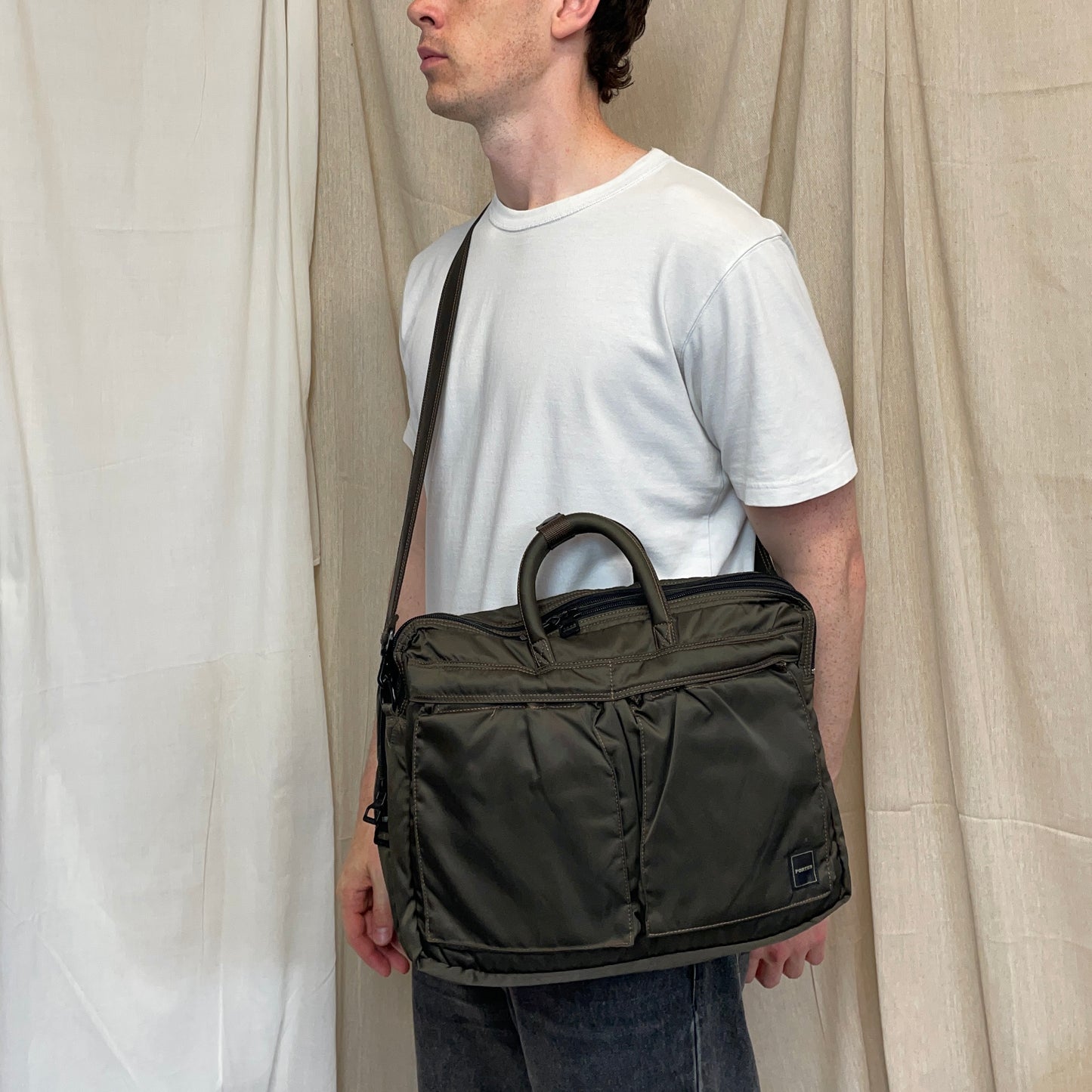 Porter International Khaki Nylon Crossbody & Handheld Briefcase Bag
