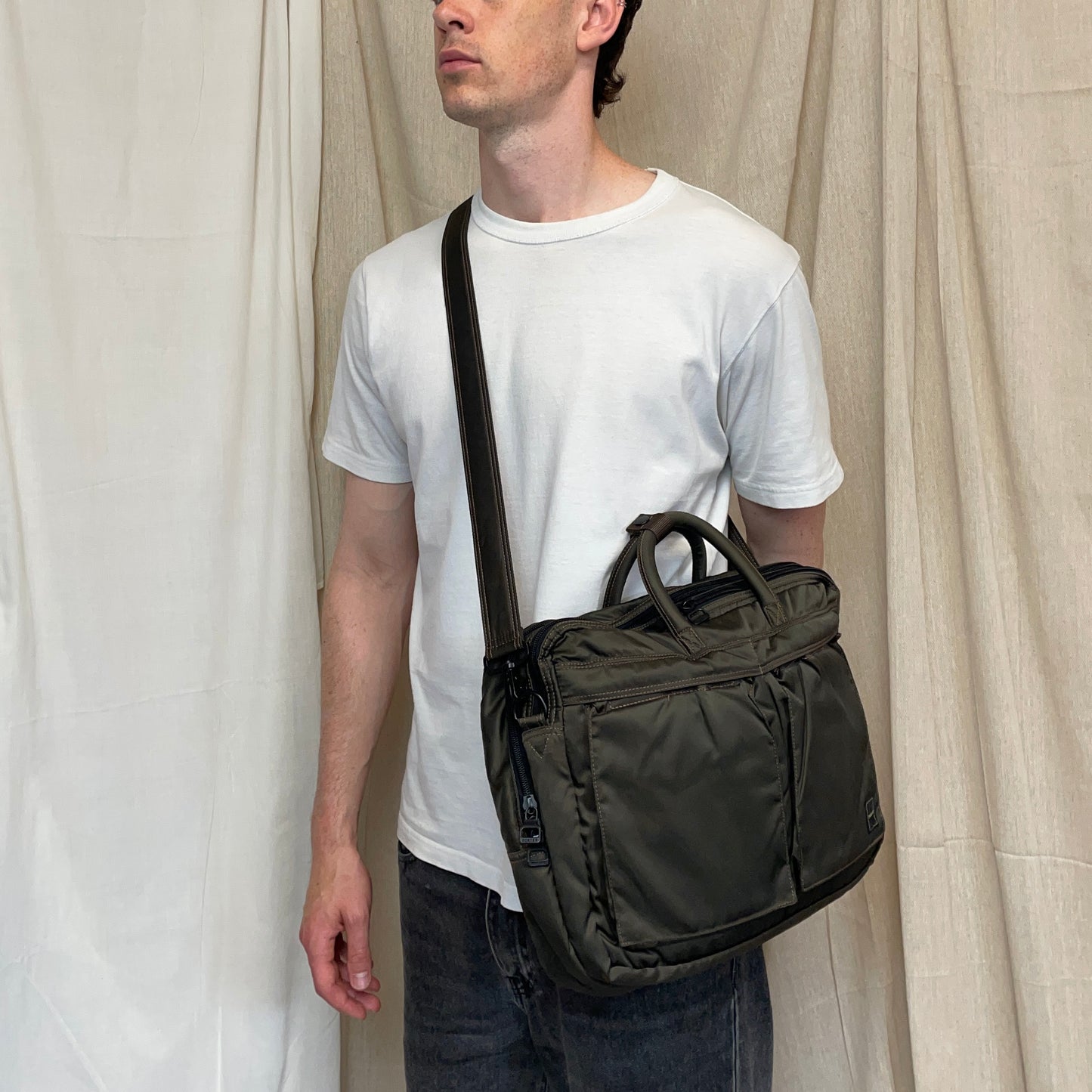 Porter International Khaki Nylon Crossbody & Handheld Briefcase Bag