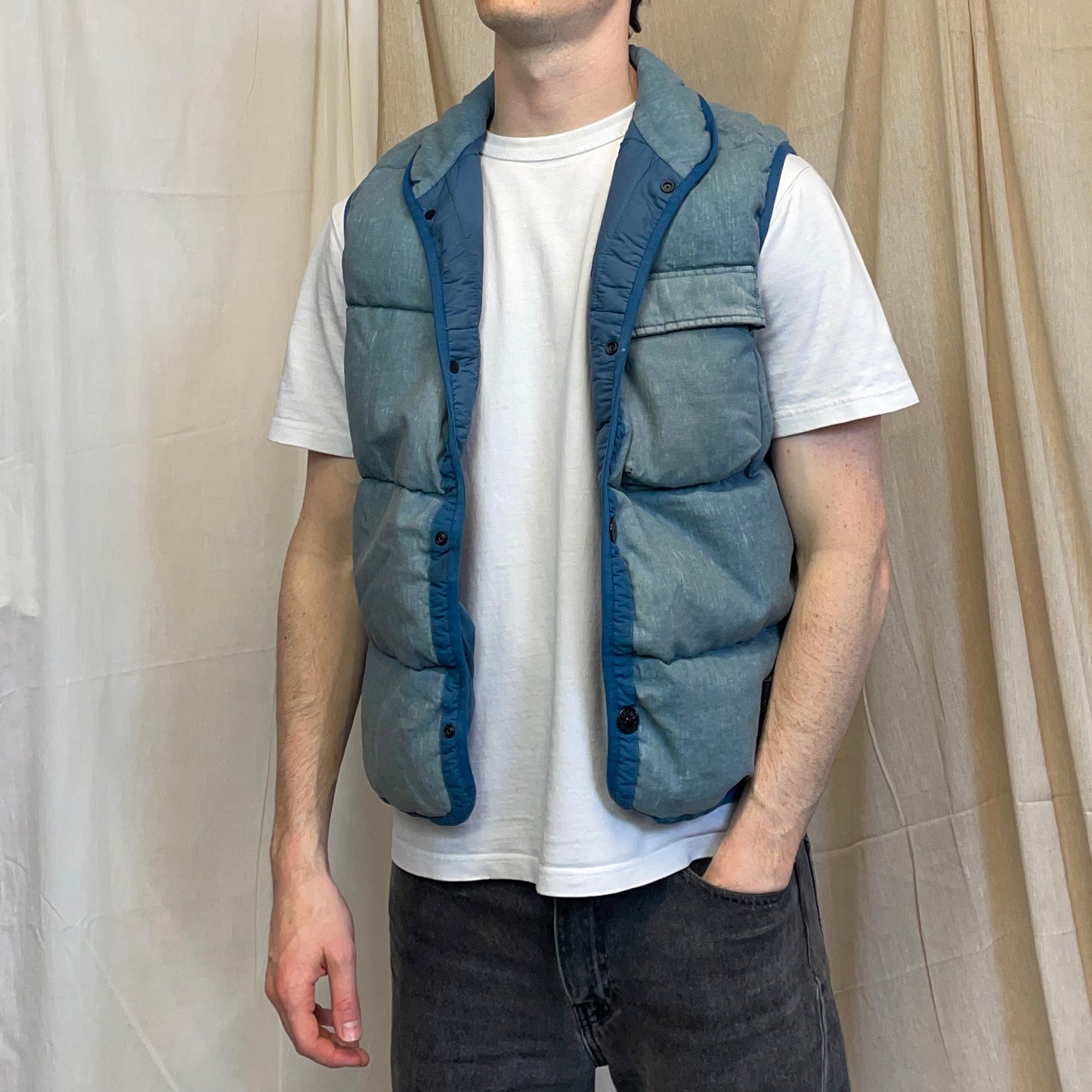 Stone Island Blue AW18 Two-Tone Lino Resinato Down-TC Puffer Gilet