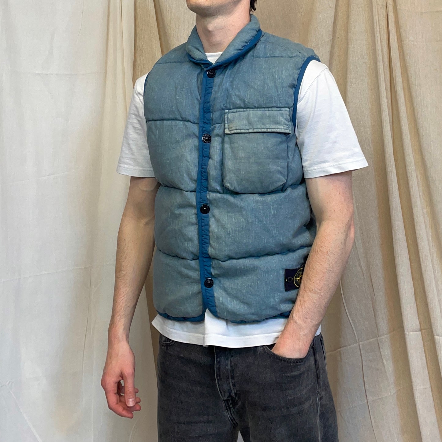 Stone Island Blue AW18 Two-Tone Lino Resinato Down-TC Puffer Gilet