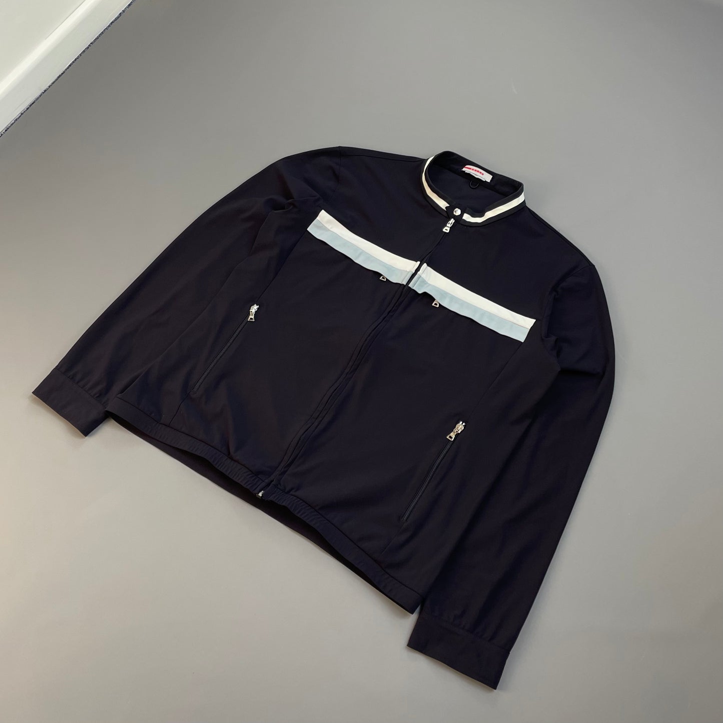 Prada Sport Navy Nylon Stripe Chest Panel Track Jacket