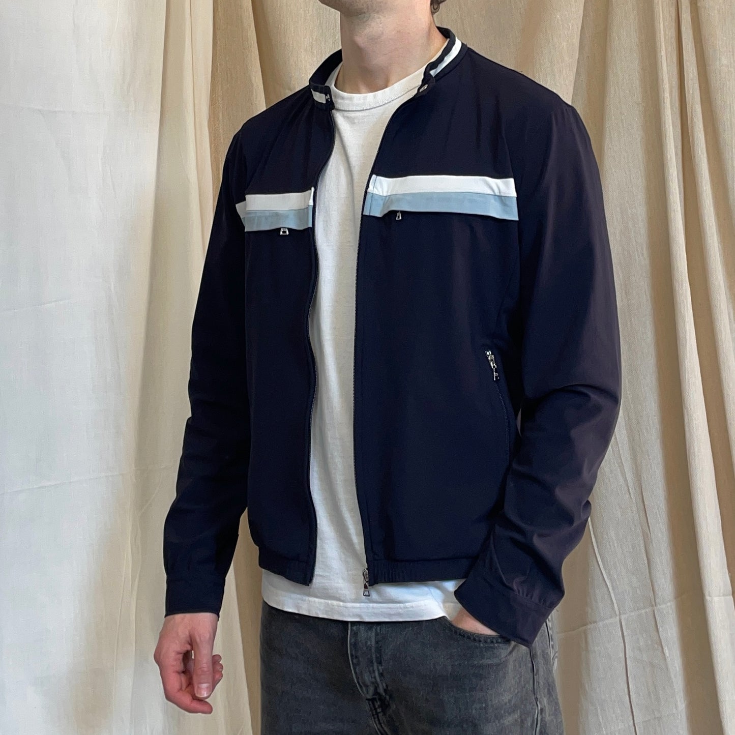 Prada Sport Navy Nylon Stripe Chest Panel Track Jacket