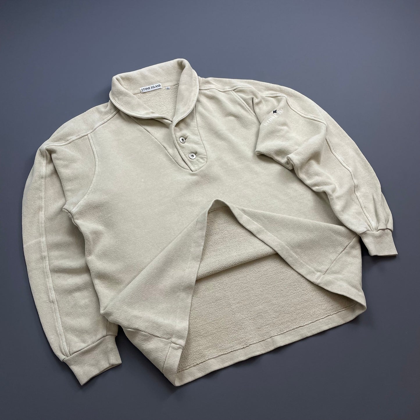 Stone Island Beige 80s Silver Button Collared Spellout Jumper
