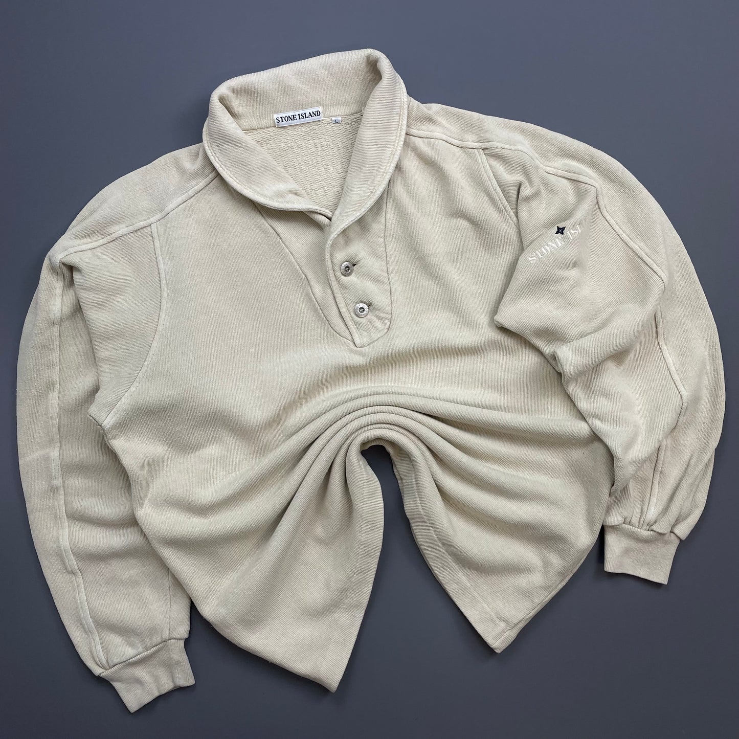 Stone Island Beige 80s Silver Button Collared Spellout Jumper