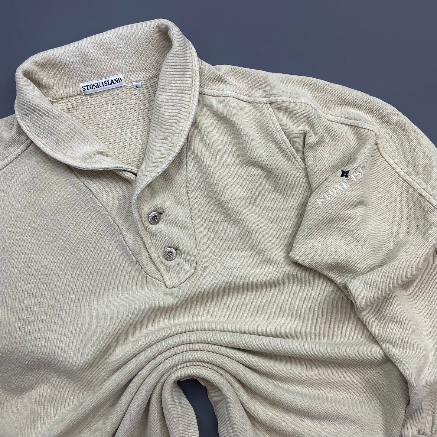 Stone Island Beige 80s Silver Button Collared Spellout Jumper