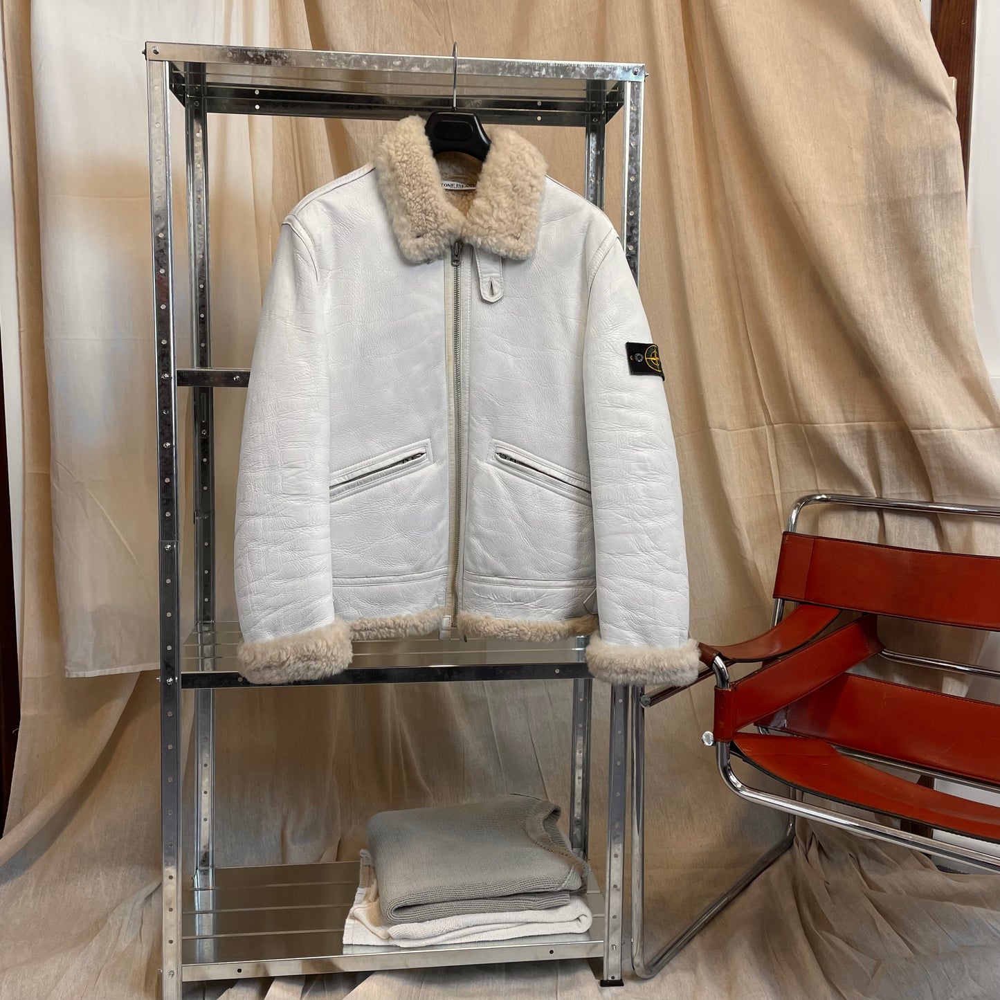 Stone Island White AW06 Shearling Sheepskin Hand-Painted Leather Archive Jacket