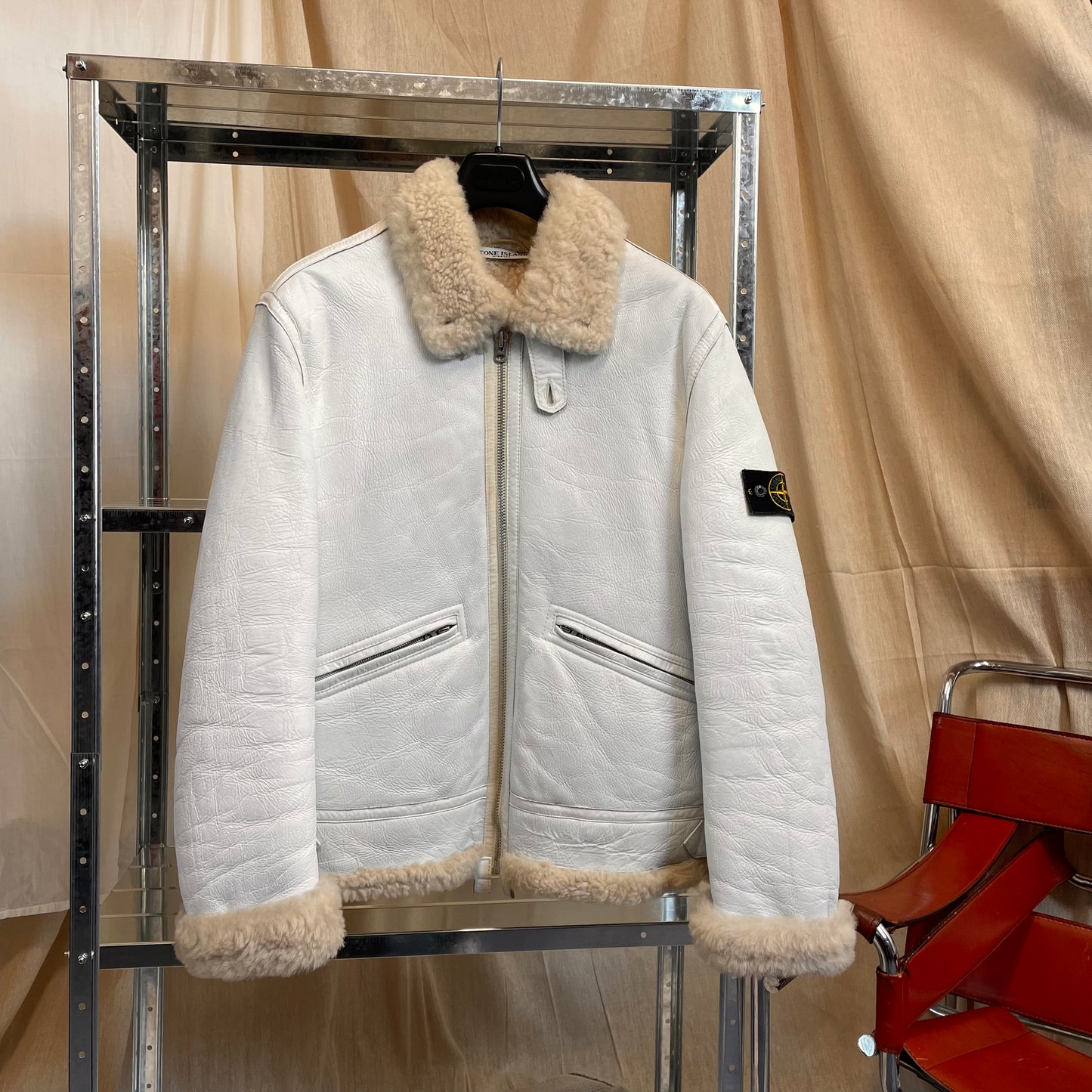 Stone Island White AW06 Shearling Sheepskin Hand-Painted Leather Archive Jacket