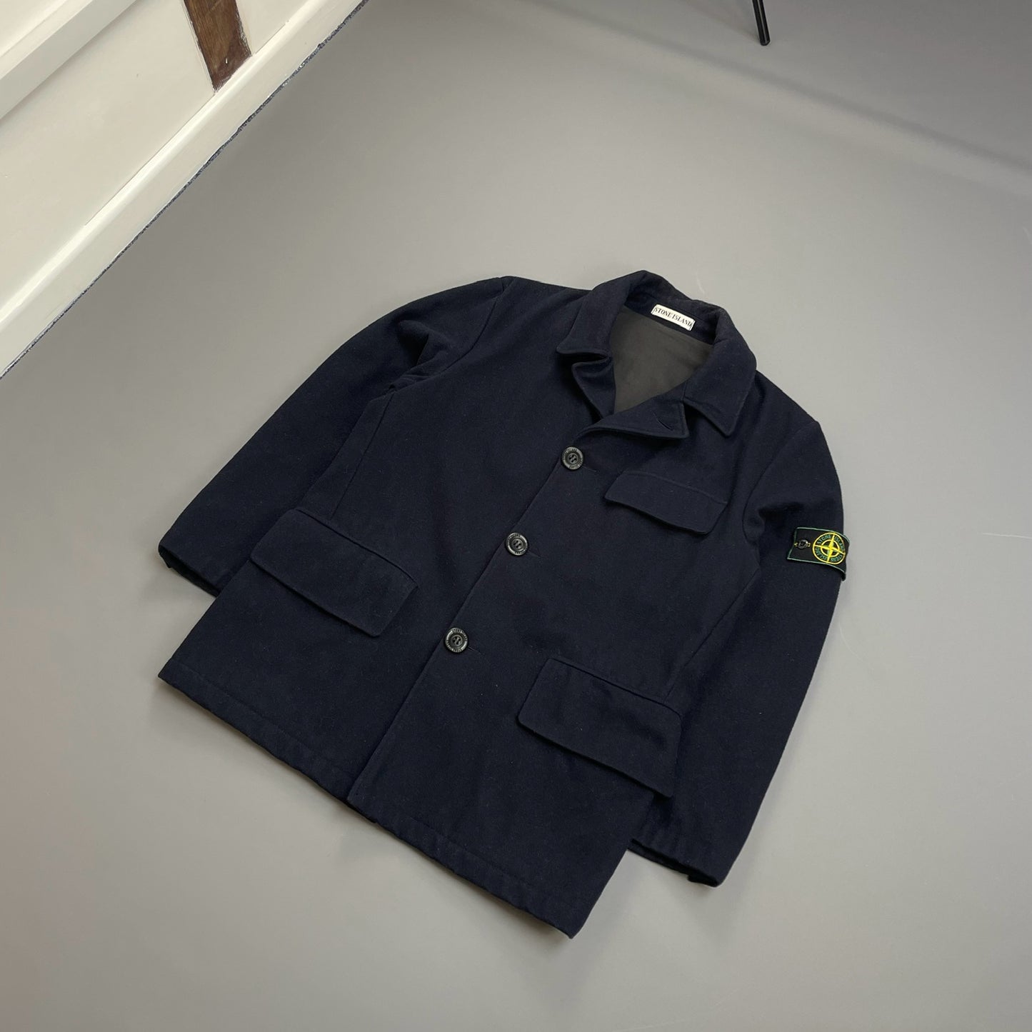 Stone Island Navy AW98 Wool Button-Up Green Edge Badge Overcoat
