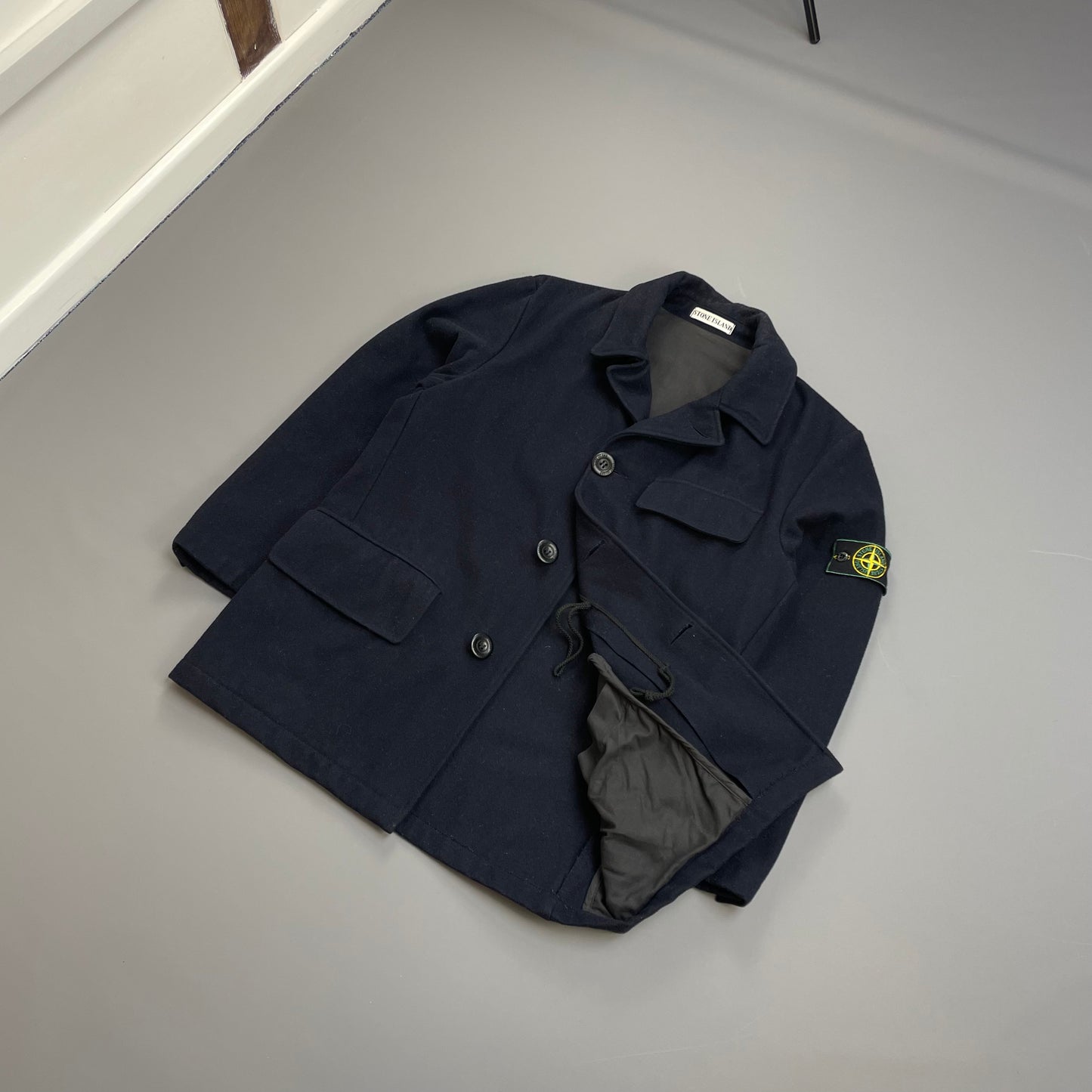 Stone Island Navy AW98 Wool Button-Up Green Edge Badge Overcoat