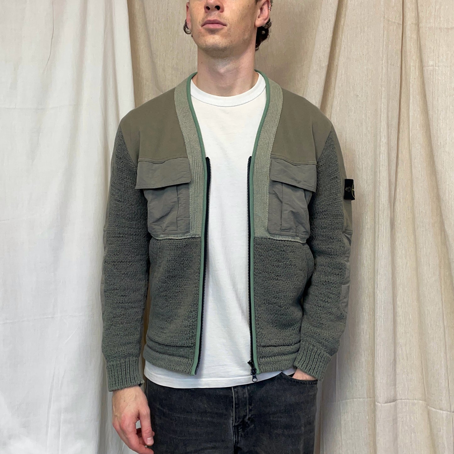 Stone Island Green SS19 Knit Panelled Cardigan Jacket