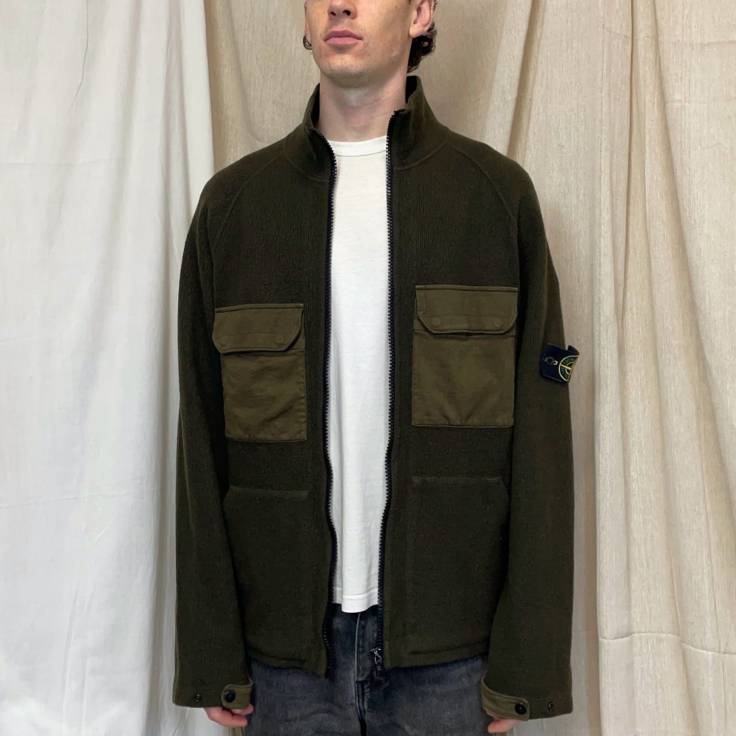 Stone Island Khaki Green AW05 Wool Blend Knit Zip-Through Jacket