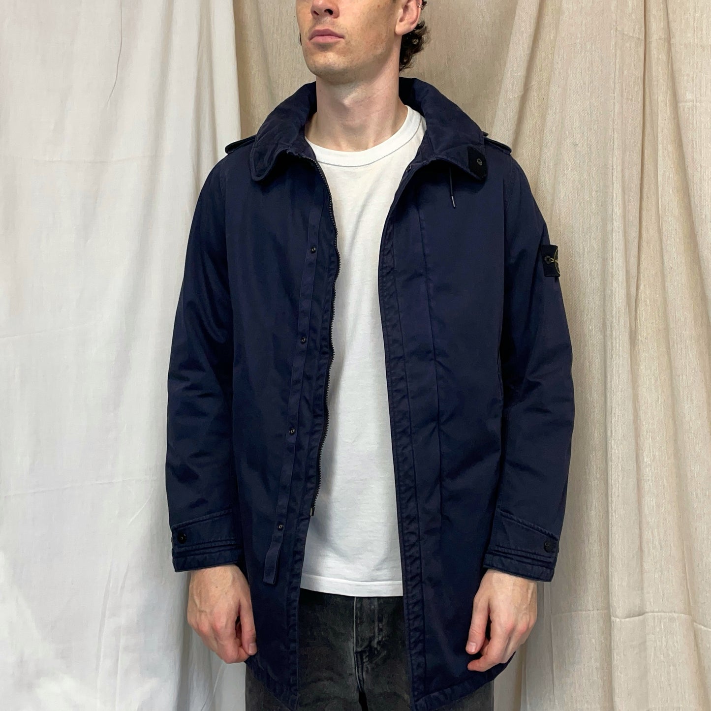 Stone Island Navy AW11 Raso-R Concealed Hood Quilt-Lined Overcoat